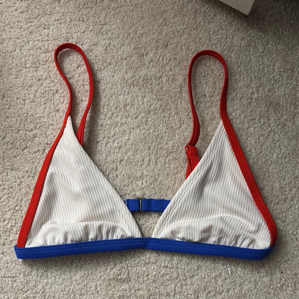 Red and Blue Trimmed White Bikini Top